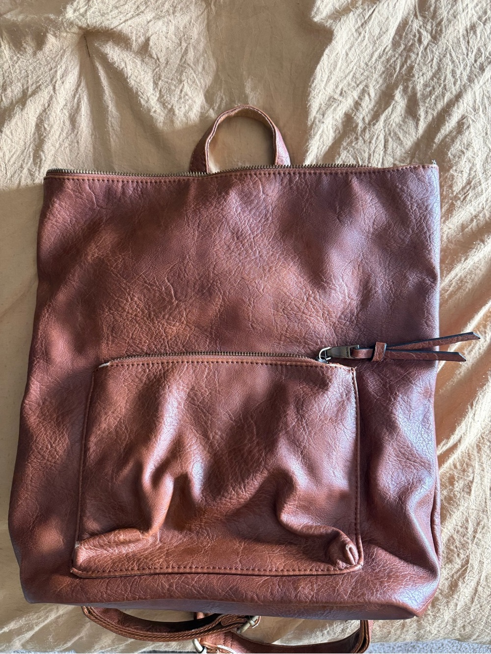 Sleek Brown Leather-Style Women's Backpack with Front Zip Pocket